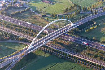 Aerial view of Ponte Di Calatrava bridge, over the high-speed railway line and Autostrada del Sole in Reggio nell’Emilia in the state Reggio Emilia, Italy