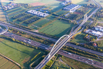 Aerial photograpy of Bridges Ponte di Calatrava, Vela di Calatrava NORTH and SOUTH over the high-speed rail line and Autostrada del Sole in Reggio nell’Emilia in the state Reggio Emilia, Italy