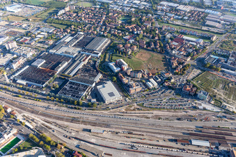 Aerial view of Parcheggio station Modena and Estación de ferrocarril de TrenItalia de Módena in Modena in the state Modena, Italy