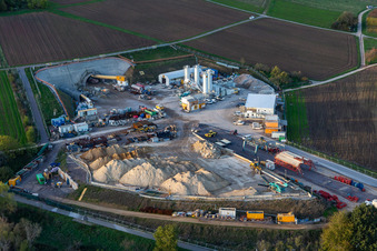 Aerial photograpy of Construction site of the eastern tunnel portal for the Astrid Tunnel for the underpass and bypass of Bad Bergzabern between B38 (Weinstraße) and B427 (Kurtalstraße) in Dörrenbach in the state Rhineland-Palatinate, Germany