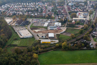 Oblique view of Lauterburger Straße commercial area in Kandel in the state Rhineland-Palatinate, Germany