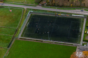 Aerial view of Artificial turf pitch in the district Minderslachen in Kandel in the state Rhineland-Palatinate, Germany