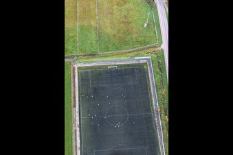 Oblique view of Artificial turf pitch in the district Minderslachen in Kandel in the state Rhineland-Palatinate, Germany