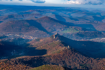 The 3 castles: Münz, Anebos and Trifels from the southeast in the district Bindersbach in Annweiler am Trifels in the state Rhineland-Palatinate, Germany