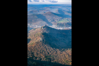 The 3 castles: Münz, Anebos and Trifels from the southeast in the district Bindersbach in Annweiler am Trifels in the state Rhineland-Palatinate, Germany from above