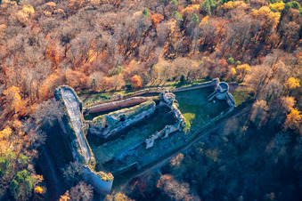 Neuscharfeneck Castle Ruins in Flemlingen in the state Rhineland-Palatinate, Germany from a drone