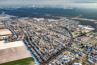 Aerial view of City center in winter with snow in Kandel in the state Rhineland-Palatinate, Germany