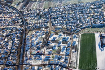 Aerial view of New development area K2 in winter with snow in Kandel in the state Rhineland-Palatinate, Germany
