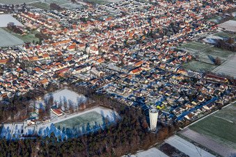 Water tower in winter with snow in Hatzenbühl in the state Rhineland-Palatinate, Germany