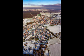 Aerial view of Railway line in winter with snow in Rheinzabern in the state Rhineland-Palatinate, Germany