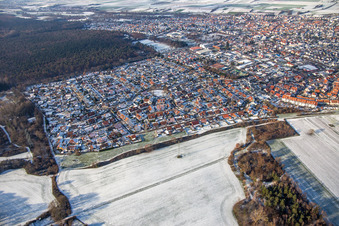 Aerial view of Südring in winter with snow in Rülzheim in the state Rhineland-Palatinate, Germany
