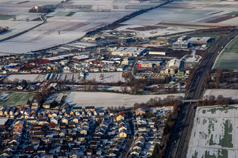 Hubenweg in winter with snow in Rülzheim in the state Rhineland-Palatinate, Germany