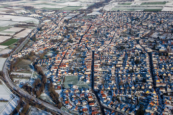 From the west in winter when there is snow in Rülzheim in the state Rhineland-Palatinate, Germany