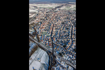 Aerial view of From the west in winter when there is snow in Rülzheim in the state Rhineland-Palatinate, Germany