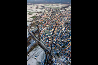 Aerial photograpy of From the west in winter when there is snow in Rülzheim in the state Rhineland-Palatinate, Germany
