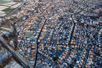 Oblique view of From the west in winter when there is snow in Rülzheim in the state Rhineland-Palatinate, Germany