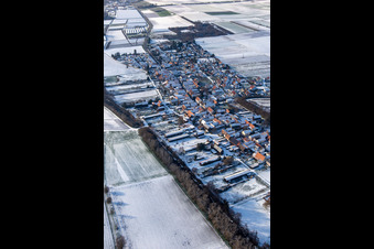 Aerial photograpy of In winter when there is snow in Herxheimweyher in the state Rhineland-Palatinate, Germany