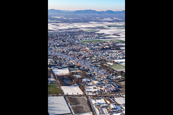 Aerial view of Lower main street in winter with snow in Herxheim bei Landau in the state Rhineland-Palatinate, Germany
