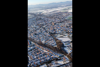 Alter Klingbach and Klingbach-Tankgraben in winter with snow in Herxheim bei Landau in the state Rhineland-Palatinate, Germany