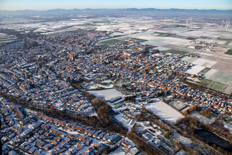 Aerial photograpy of Alter Klingbach and Klingbach-Tankgraben in winter with snow in Herxheim bei Landau in the state Rhineland-Palatinate, Germany