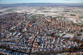 Aerial view of In winter when there is snow in Herxheim bei Landau in the state Rhineland-Palatinate, Germany