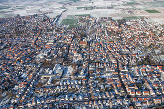 Aerial photograpy of In winter when there is snow in Herxheim bei Landau in the state Rhineland-Palatinate, Germany