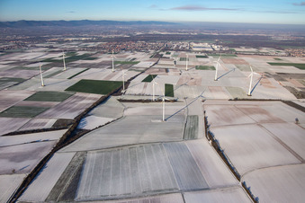 Wind farm in winter with snow in Offenbach an der Queich in the state Rhineland-Palatinate, Germany