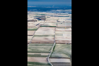 Aerial photograpy of Wind farm in winter with snow in Offenbach an der Queich in the state Rhineland-Palatinate, Germany