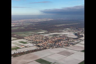 Aerial view of From the southwest in winter when there is snow in Ottersheim bei Landau in the state Rhineland-Palatinate, Germany