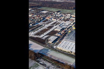 Aerial photograpy of Interpark industrial area in winter with snow in Offenbach an der Queich in the state Rhineland-Palatinate, Germany