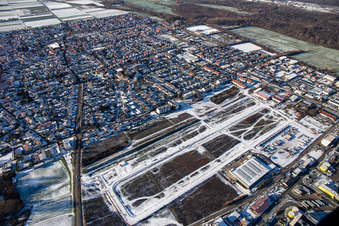 Aerial photograpy of From the southeast in winter when there is snow in Offenbach an der Queich in the state Rhineland-Palatinate, Germany