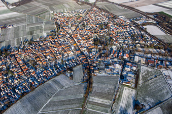 From the south in winter when there is snow in Insheim in the state Rhineland-Palatinate, Germany