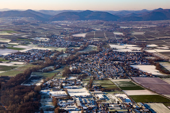 From the east in winter when there is snow in the district Billigheim in Billigheim-Ingenheim in the state Rhineland-Palatinate, Germany
