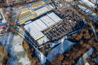 Aerial view of Südpfalz Center in winter with snow in Rohrbach in the state Rhineland-Palatinate, Germany