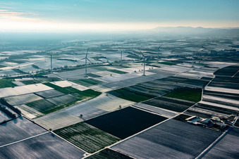 Wind farm in winter with snow in Freckenfeld in the state Rhineland-Palatinate, Germany
