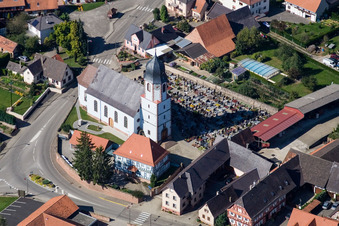 Aerial photograpy of Church building in the village of in Niederlauterbach in Grand Est, France