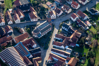 Aerial view of Church of St. Lawrence in Schweighofen in the state Rhineland-Palatinate, Germany