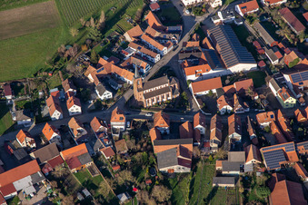 Aerial photograpy of Church of St. Lawrence in Schweighofen in the state Rhineland-Palatinate, Germany