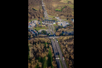 Aerial view of German-French border crossing Scheibenhardt A35/B9 in Scheibenhard in the state Bas-Rhin, France