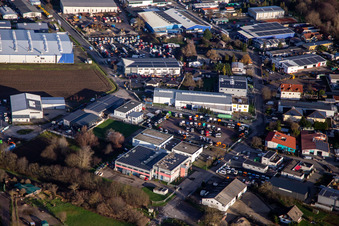 Aerial view of Perläckerstr commercial area in Hagenbach in the state Rhineland-Palatinate, Germany