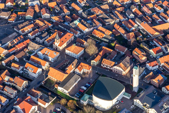 Aerial view of Luitpoldstraße St. Ägidius in Wörth am Rhein in the state Rhineland-Palatinate, Germany