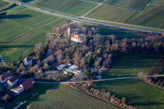 Aerial view of Protestant Church Wollmesheim in the district Wollmesheim in Landau in der Pfalz in the state Rhineland-Palatinate, Germany