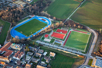 Aerial view of Weinstraßenstadion and sports field complex Edenkoben in Maikammer in the state Rhineland-Palatinate, Germany