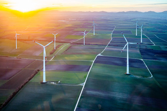 Wind farm Offenbach an der Queich II at sunset /wind power in Offenbach an der Queich in the state Rhineland-Palatinate, Germany