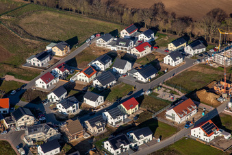Aerial view of Veilchenweg in the new development area K2 in winter in Kandel in the state Rhineland-Palatinate, Germany