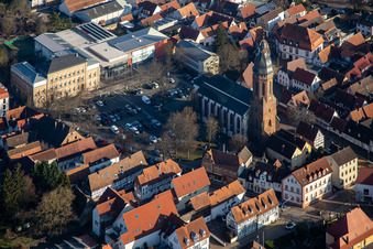 Market square with St. George's Church, primary school and town hall in Kandel in the state Rhineland-Palatinate, Germany