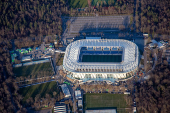 Aerial view of BBBank Wildpark, almost completed new stadium of KSC in the district Innenstadt-Ost in Karlsruhe in the state Baden-Wuerttemberg, Germany