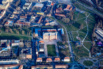 Aerial view of Gottesaue Castle (music college) and green area at Otto-Dullenkopf-Park in the district Oststadt in Karlsruhe in the state Baden-Wuerttemberg, Germany