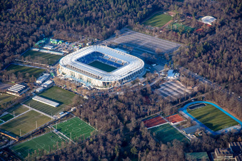 Oblique view of BBBank Wildpark, almost completed new stadium of KSC in the district Innenstadt-Ost in Karlsruhe in the state Baden-Wuerttemberg, Germany