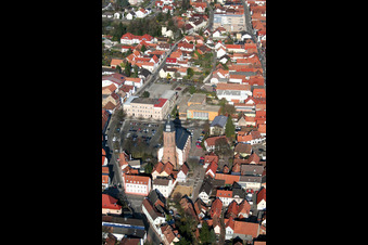 Aerial view of St. George's Church on the market square from the west in Kandel in the state Rhineland-Palatinate, Germany